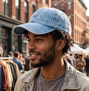 Ethos Denim Baseball Cap Hat Blue Acid Wash Adjustable Brass Buckle NWT KB-LOW